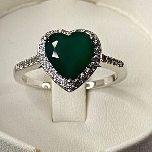 Green Onyx & White Zircon Sterling Silver Heart Ring .62ctw Engagement JTV Sz 12